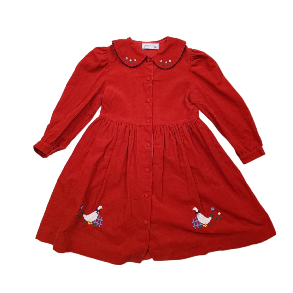 Jacadi Size 6 Vintage Red Corduroy Embroidered Goose Peter Pan Collar Dress